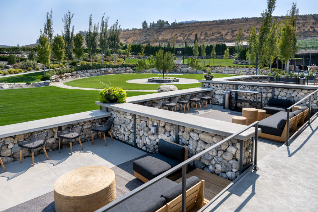 outdoor sofas overlooking lawn